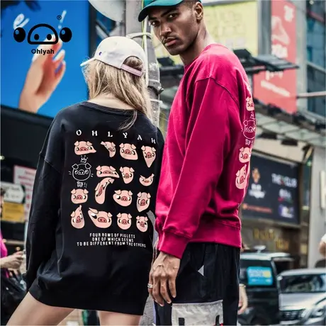 ohlyah小猪米罗春秋简约潮牌oversize宽松情侣印花纯棉圆领卫衣女图片