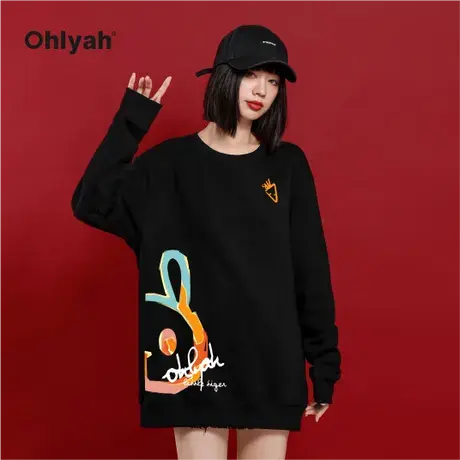 Ohlyah潮牌红色卫衣女宽松oversize卡通小兔印花情侣同款长袖定制商品大图