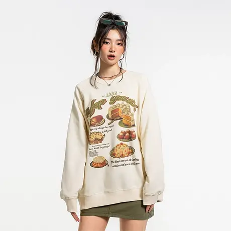 YEP美式复古印花圆领卫衣女春秋款oversize宽松早秋薄款长袖上衣商品大图