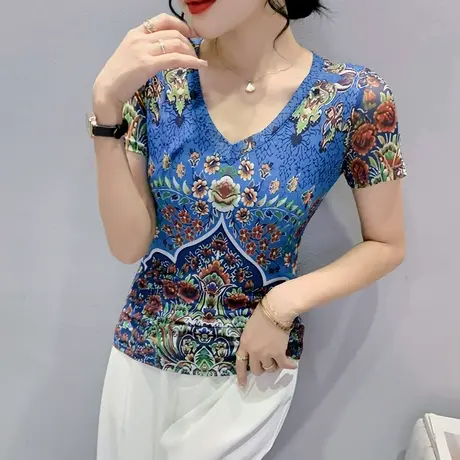 性感V领网纱短袖上衣女2023夏季新款复古印花t恤设计感洋气小衫潮商品大图