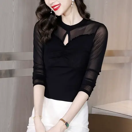 黑色修身显瘦打底衫女2023新款秋装有弹力网纱长袖T恤气质女上衣商品大图