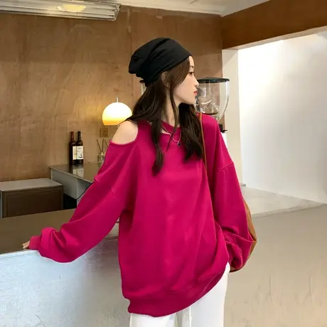 火龙果色卫衣女2023春秋季新款oversize小众高街潮牌ins露肩上衣商品大图