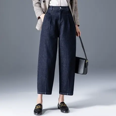 大码牛仔裤女2023年新款秋冬加绒老爹阔腿裤小个子九分哈伦灯笼裤商品大图