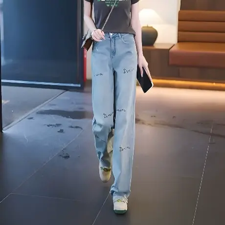 窄版直筒牛仔裤女2023年夏季新款烫钻拖地裤欧货高腰阔腿裤薄款潮商品大图