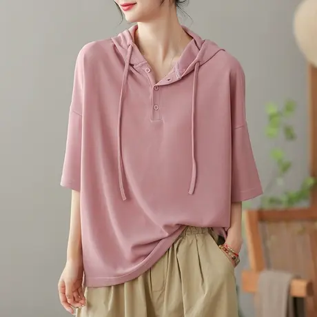 dza复古连帽短袖T恤女2023夏季薄款纯色打底体恤宽松显瘦外搭上衣商品大图