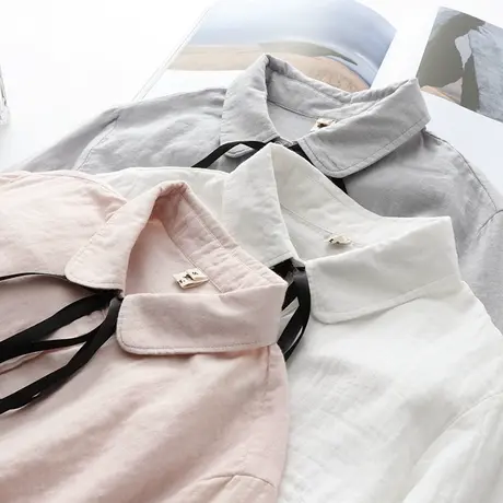 日系文艺双层棉纱柔软系带百搭白衬衫女秋季新款简约宽松长袖上衣图片