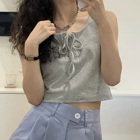 大码短袖T恤女夏季2023新款胖mm设计感方领抽绳修身显瘦短款上衣商品大图