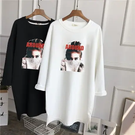 纯棉白色打底衫女内搭2022春秋宽松学生长袖t恤女中长款磨毛上衣图片