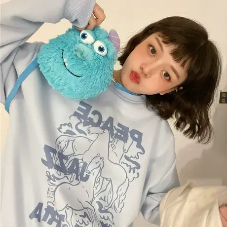 红续圆领套头加绒加厚卫衣女2023春秋新款蓝色百搭学院风长袖上衣图片