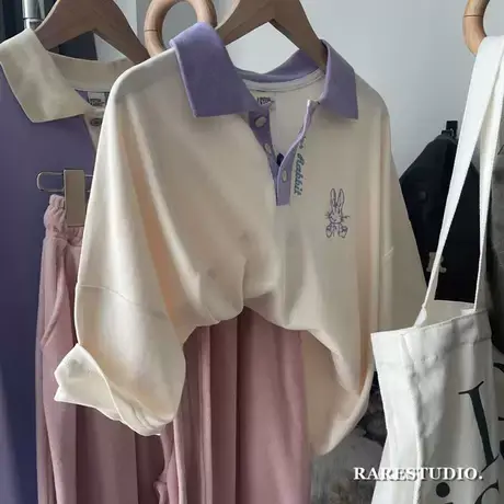 复古风翻领POLO衫刺绣小兔子后背减龄印花宽松休闲慵懒半袖棉T恤图片