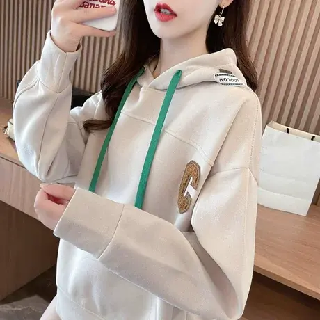早秋连帽卫衣女春秋季韩版宽松大码薄款百搭设计感小众小个子外套商品大图