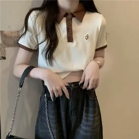 撞色短袖POLO领T恤女夏装2023新搭修身显瘦短款半袖打底小衫上衣商品大图
