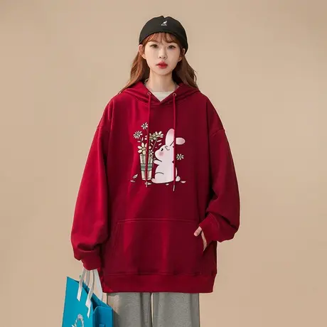 2023新款国潮兔子印花卫衣女秋冬季加绒加厚ins潮牌宽松连帽外套图片