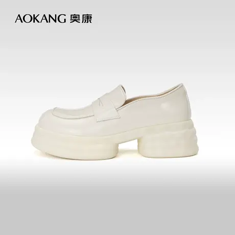 奥康女鞋 春秋款时尚乐福鞋豆豆鞋粗跟厚底增高小皮鞋真皮商品大图