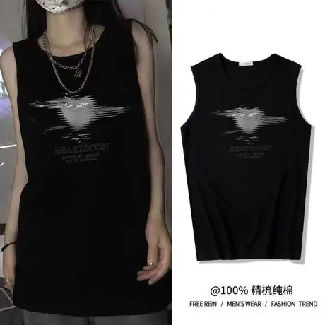 美式复古纯棉吊带坎肩背心无袖t恤女夏季设计感小众外穿宽松上衣图片