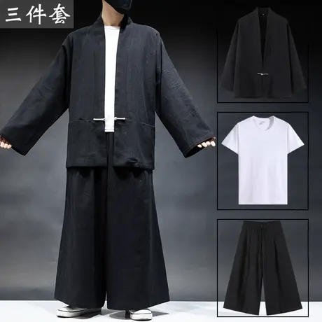 秋季古风宽袖汉服大码盘扣唐装亚麻禅修服男装中国风对襟道袍套装图片