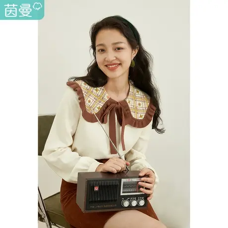茵曼披肩衬衫女木耳边蝴蝶结系带2022冬新款复古梭织撞色长袖衬衣图片