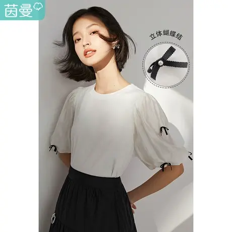茵曼泡泡袖T恤女2023夏季新款圆领套头气质显瘦蝴蝶结新疆棉上衣商品大图