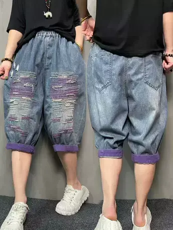 复古撞色刺绣牛仔六分裤女个性破洞大码宽松显瘦夏季五分哈伦短裤商品大图