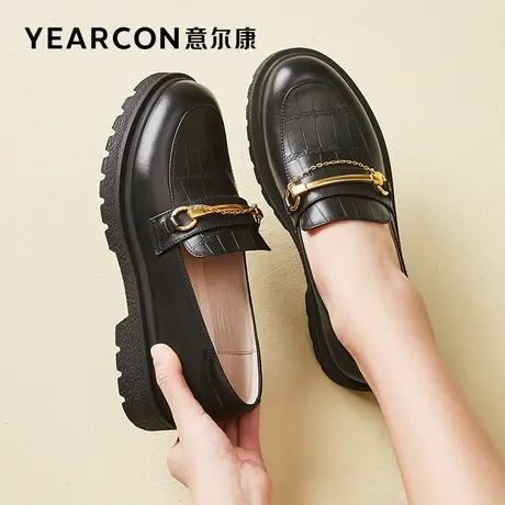 意尔康女鞋2023春季新款真皮乐福鞋女英伦风厚底小皮鞋马衔扣单鞋商品大图
