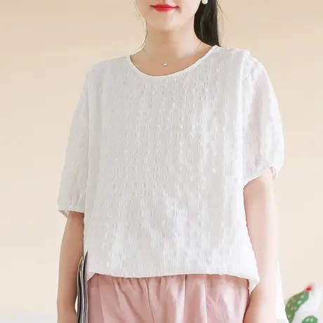 胖妹妹夏季2023新品复古圆领上衣T恤 加大码微胖白色宽松短袖衬衫商品大图