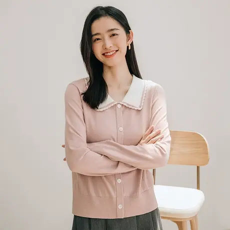 茵曼小香风上衣女春秋季2023年新款翻领粉绿色爆款小众慵懒针织衫图片