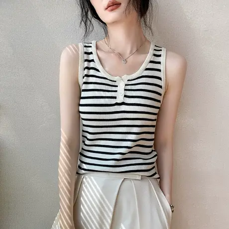 歌倍尚条纹纽扣U领背心女2025春夏无袖针织衬衫内搭修身显瘦上衣商品大图