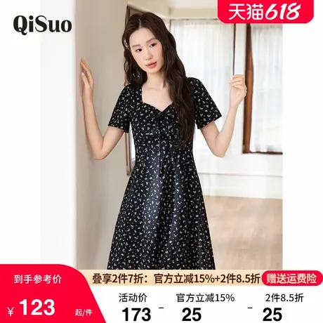 绮娑大码法式复古甜心方领针织碎花连衣裙胖mm收腰遮肉显瘦a字裙图片