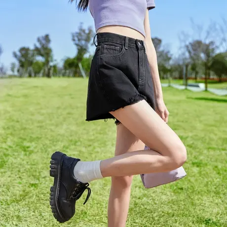 唐狮高腰辣妹宽松破洞毛边小个子春夏季牛仔短裤女a字显瘦休闲图片