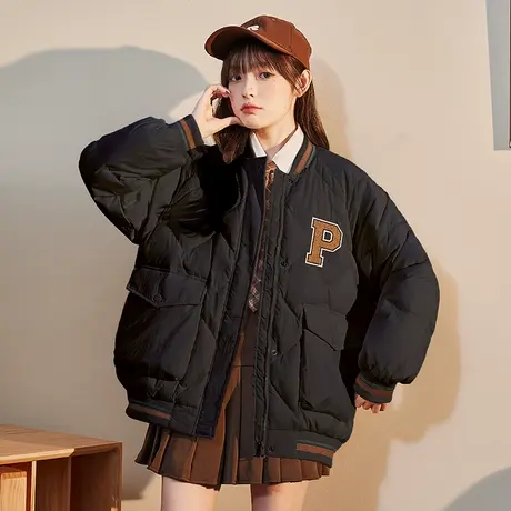 唐狮羽绒服女短款冬装新款轻薄棒球领字母图案学院风冬季外套商品大图