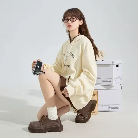 [史努比联名款]唐狮连帽卫衣女春秋新款织带拼接落肩卫衣运动休闲商品大图