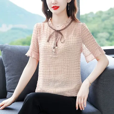 时尚漂亮短袖雪纺衫女夏季2023新款洋气减龄大码宽松遮肚子女上衣商品大图