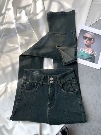 两粒扣做旧牛仔喇叭裤女2023秋季新款开叉复古高腰显瘦弹力微喇裤图片