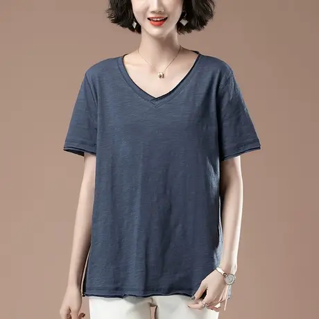 短袖t恤女夏季新款加肥加大码女装宽松中年妈妈竹节棉V领显瘦体恤商品大图