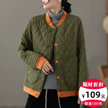 dza 复古短款菱格棉衣女冬装外套新款宽松棉服休闲棒球服棉袄上衣图片