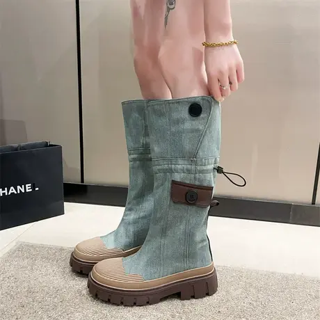 西部牛仔靴子夏款女2023新款超火小众显瘦粗跟长筒靴复古厚底单靴商品大图
