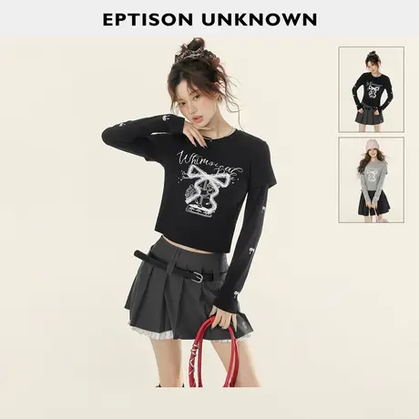 EPTISON长袖T恤女2025冬季新款美式甜辣假两件蝴蝶结修身短款上衣商品大图