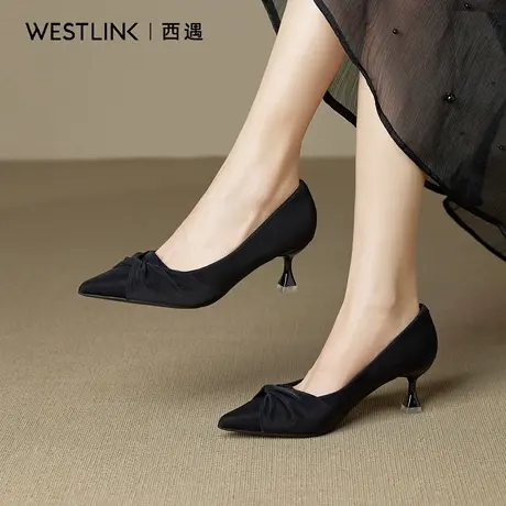 西遇黑色尖头优雅高跟鞋女2025秋季新款职业工作鞋蝴蝶结单鞋女A商品大图