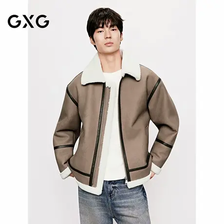 GXG男装 廓形棕色皮毛一体翻领撞色休闲夹克外套 25年冬季新品商品大图