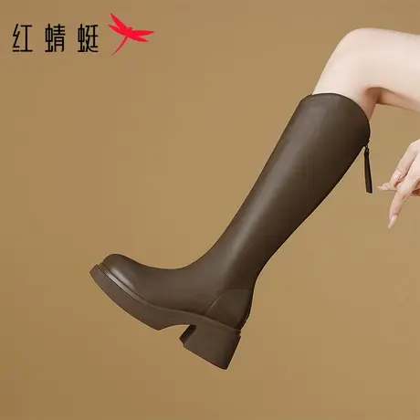 红蜻蜓女靴2025新款秋冬长筒靴加绒靴子女长靴英伦风骑士靴高筒靴图片