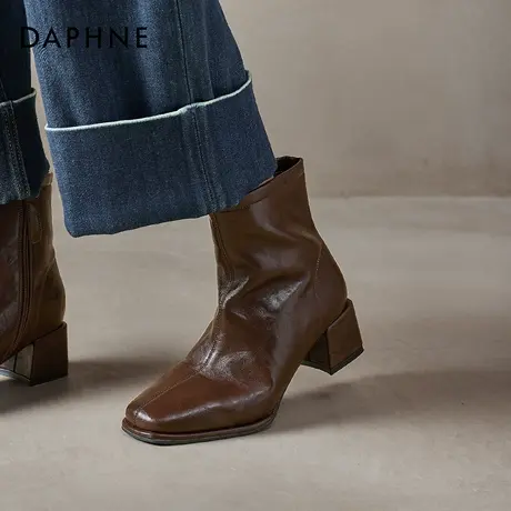 达芙妮棕色高跟短靴女2025秋冬新款英伦马丁靴方头瘦瘦切尔西靴子商品大图