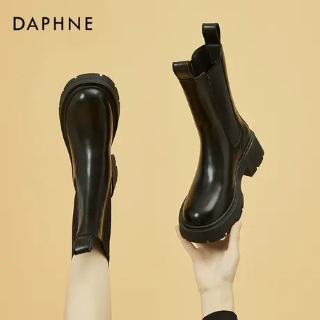 达芙妮切尔西靴女秋冬单靴2026新款加绒短靴英伦烟筒靴烟管中筒靴图片