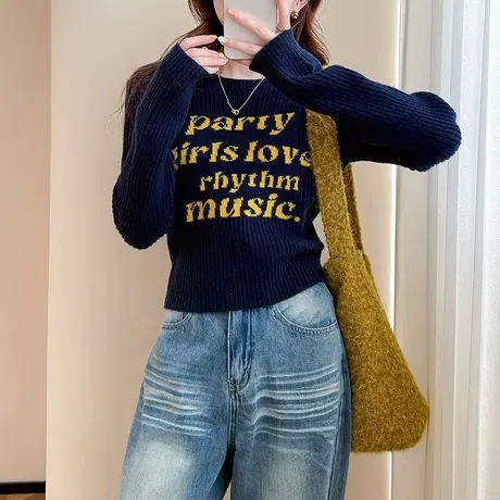 唐狮秋毛衣女潮流撞色字母显瘦圆领套头针织衫女时尚上衣韩系tuTA图片