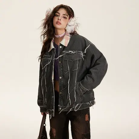 设计感两面穿加厚冬装牛仔外套2023新款格子棉服女做旧复古棉衣潮商品大图