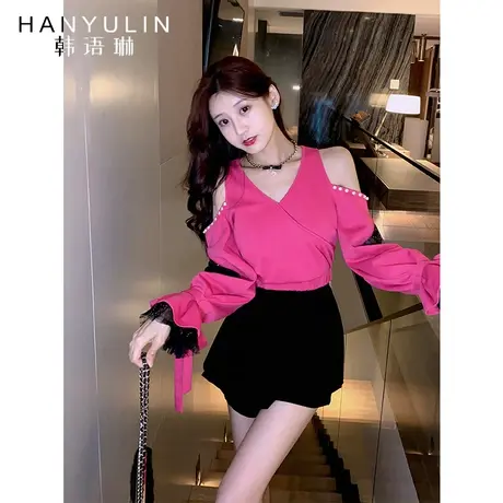 韩语琳年新款早秋装黑色高腰裙裤设计感休闲裤时尚裤子图片