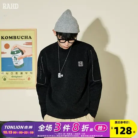Radiohead23冬毛衣男士圆领休闲黑色内搭套头针织衫加绒加厚保暖商品大图