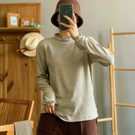 dza复古宽松荷叶领长袖加绒T恤女2023冬季洋气内搭上衣休闲打底衫商品大图