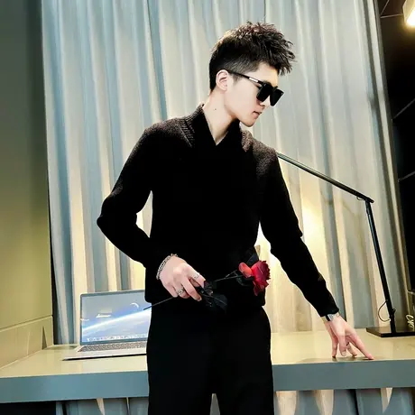 高级感翻领针织衫男潮牌痞帅纯色男士毛衣2023新款冬季个性男款商品大图