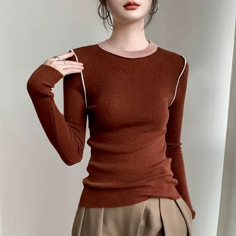 撞色拼接圆领长袖针织衫女2023秋冬新款设计感小众修身羊毛打底衫图片