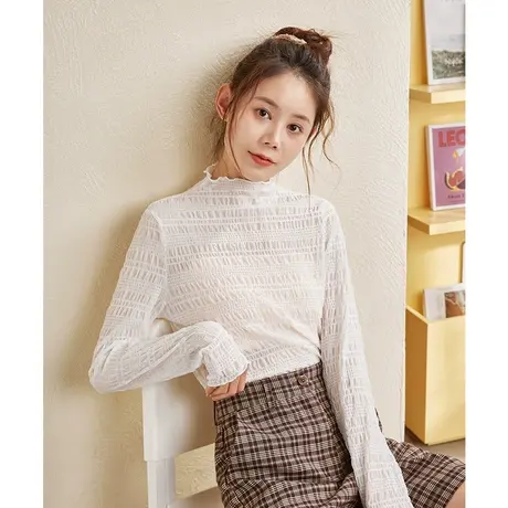 唐狮网纱压褶半高领打底衫女肌理感甜美上衣淑女精致减龄潮流内搭商品大图